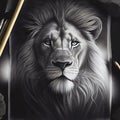 Black pencil ink drawing of a majestic lion with large mane portrait