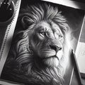 Black pencil ink drawing of a majestic lion with large mane portrait