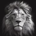 Black pencil ink drawing of a majestic lion with large mane portrait