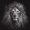 Black pencil ink drawing of a majestic lion with large mane portrait