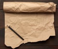 Black pencil and roll of untwisted brown paper on a wooden surface from old boards Royalty Free Stock Photo