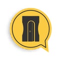 Black Pencil sharpener icon isolated on white background. Yellow speech bubble symbol. Vector Royalty Free Stock Photo