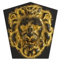 Black pentagonal slab with a basrelief lion's head in black and gold. Front view. 3d rendering