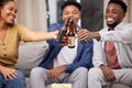 Black people, friends and beer in cheers on sofa for celebration, friendship or social gathering at home. Happy African