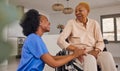 Black people, nurse and senior holding hands in wheelchair, elderly care and healthcare at home. Happy African female Royalty Free Stock Photo