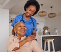 Black people, nurse and senior patient in elderly care, wheelchair and healthcare at home. Happy African female medical Royalty Free Stock Photo