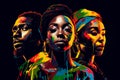 Black People in Vibrant Colors on a Black Background, Black matters. AI Generated