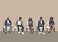 Black people waiting in line. Men and women sit on chairs and look at their phones Royalty Free Stock Photo