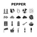 Black Pepper Aromatic Hot Spice Icons Set Vector