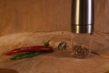 Black pepper corns, red hot chili pepper and Black pepper Powder on wooden background Royalty Free Stock Photo