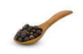 Black pepper or black peppercorns seeds in wooden spoon isolated on white background ,include clipping path Royalty Free Stock Photo