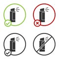 Black Pepper spray icon isolated on white background. OC gas. Capsicum self defense aerosol. Circle button. Vector