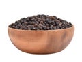 Black pepper in wooden bowl isolated on white background Royalty Free Stock Photo