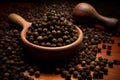 Peppercorns on a wooden table. Spices and seasonings. Unground black pepper. AI Generated