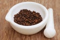 Black peppercorn on a mortar with pestle