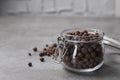 Black peppercorns in jar on grey table. Space for text Royalty Free Stock Photo