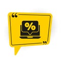 Black Percent discount and laptop icon isolated on white background. Sale percentage - price label, tag. Yellow speech
