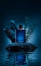 black perfume bottle mockupdesign on rocks next to water Royalty Free Stock Photo