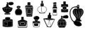 Black perfume bottles. Abstract elegant male cologne bottles, luxury female fragrance sprayer. Vector cologne set