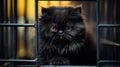 black Persian cat with thick and smooth fur, pure black and sweet sitting in a cage waiting for its owner to come home , Generate