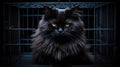 black Persian cat with thick and smooth fur, pure black and sweet sitting in a cage waiting for its owner to come home , Generate