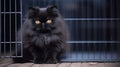 black Persian cat with thick and smooth fur, pure black and sweet sitting in a cage waiting for its owner to come home , Generate