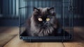 black Persian cat with thick and smooth fur, pure black and sweet sitting in a cage waiting for its owner to come home , Generate