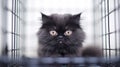 black Persian cat with thick and smooth fur, pure black and sweet sitting in a cage waiting for its owner to come home , Generate