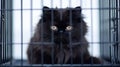 black Persian cat with thick and smooth fur, pure black and sweet sitting in a cage waiting for its owner to come home , Generate