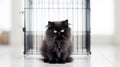 black Persian cat with thick and smooth fur, pure black and sweet sitting in a cage waiting for its owner to come home , Generate