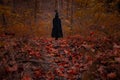 Black person witch woman back to camera in dusk vivid orange forest with a lot of falling leaves in October Halloween holidays