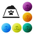 Black Pet food bowl for cat or dog icon isolated on white background. Dog or cat paw print. Set icons in color circle Royalty Free Stock Photo