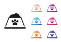 Black Pet food bowl for cat or dog icon isolated on white background. Dog or cat paw print. Set icons colorful. Vector Royalty Free Stock Photo