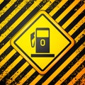 Black Petrol or Gas station icon isolated on yellow background. Car fuel symbol. Gasoline pump. Warning sign. Vector