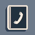 Black Phone book icon isolated on grey background. Address book. Telephone directory. Long shadow style. Vector Royalty Free Stock Photo