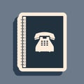 Black Phone book icon isolated on grey background. Address book. Telephone directory. Long shadow style. Vector Royalty Free Stock Photo