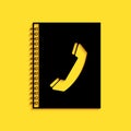 Black Phone book icon isolated on yellow background. Address book. Telephone directory. Long shadow style. Vector Royalty Free Stock Photo