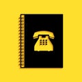 Black Phone book icon isolated on yellow background. Address book. Telephone directory. Long shadow style. Vector Royalty Free Stock Photo