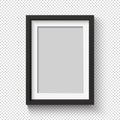 Black photo frame on wall for picture. Realistic empty simple photoframe. 3D poster with shadow.