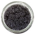 Black pickled caviar of halibut fish in glass jar Royalty Free Stock Photo