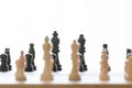 Black pieces of the chessboard and in the foreground white pieces blurred