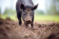 black pig rooting in damp soil