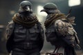 Black pigeons dressed in military clothing