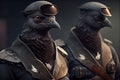 Black pigeons dressed in military clothing