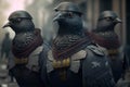 Black pigeons dressed in military clothing