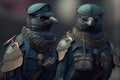 Black pigeons dressed in military clothing