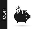 Black Piggy bank with coin icon isolated on white background. Icon saving or accumulation of money, investment. Vector Royalty Free Stock Photo