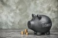 Black piggy bank with word TAXES Royalty Free Stock Photo