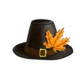 Black Pilgrim hat with autumn orange maple leaf isolated on white. Digital imitation of pastel illustration dark