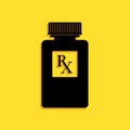 Black Pill bottle with Rx sign and pills icon isolated on yellow background. Pharmacy design. Rx as a prescription Royalty Free Stock Photo